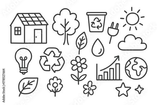 Eco Doodle Icons. Hand-drawn doodle illustration Green buildings [house with solar panels, window, door, tree, leaf, recycle bin, water droplet, plug, sun,