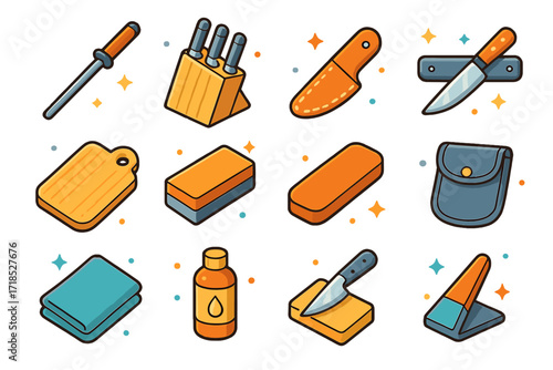 Steak Knife Icons. Colorful isometric vector icons set of Steak Knife Accessories: sharpening rod, knife block, leather sheath, knife magnet, cutting board,