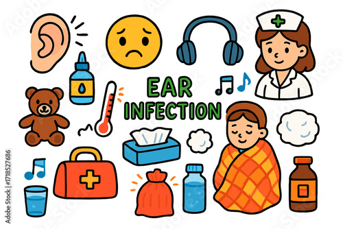 Children's Ear Care Items. Colorful Hand-drawn doodle Children illustration Ear infection ear icon, sad face emoji, headphones, ear drops, thermometer, teddy
