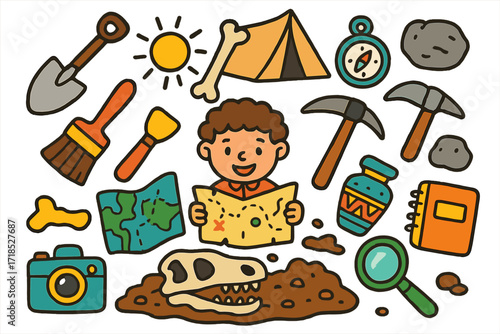 Archaeological Adventure Doodles. Colorful Hand-drawn doodle Children illustration Archaeological Site shovel, bone, artifact, pickaxe, brush, map, tent,