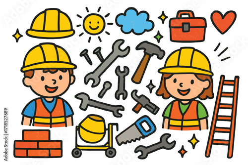 Cheerful Construction Doodles. Colorful Hand-drawn doodle Children illustration Construction Workers hard hat, safety vest, toolbox, hammer, wrench, nails,