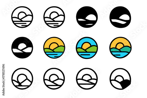 Mindfulness Logo Variations. Set Logo of Mindfulness practices and meditation retreats: Circle with peaceful landscape. Logo set in vector style, emblematic