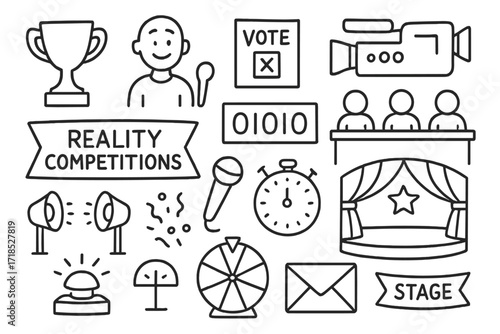 Reality Show Icons. Hand-drawn doodle illustration Reality competitions [trophy, contestant, voting card, camera, host mic, scoreboard, judge panel, spotlight,