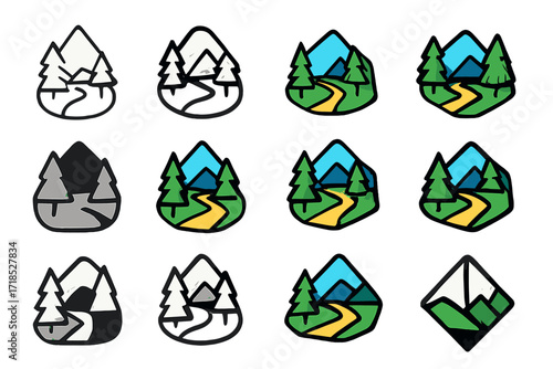 Dopamine Detox Logos. Set Logo of Dopamine Detox from Screens: Nature hike path. Logo set in vector style, emblematic variations. line, bold thick line, solid