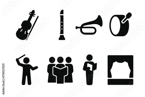 Orchestra Icon Grid. Solid, filled icon set of orchestra sections: strings, woodwinds, brass, percussion, conductor, choir, soloist, stage. Solid, filled icons