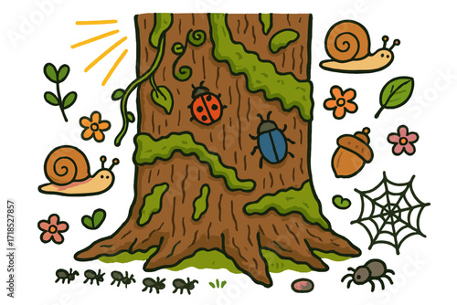 Nature's Miniature Playground. Colorful Hand-drawn doodle Children illustration Mossy Tree Bark tree trunk, moss lines, small bugs, ladybug, beetle, snails,
