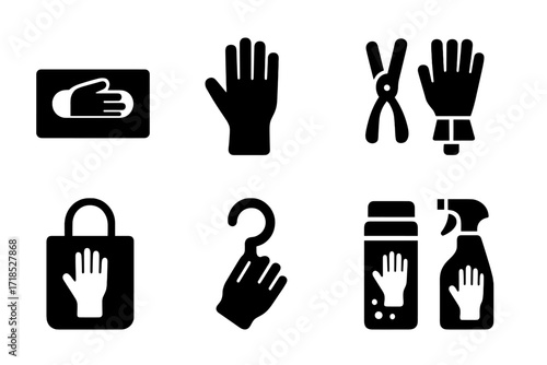 Glove Accessories Icons. Solid, filled icon set of gloves accessories: glove box, glove liner, glove clip, glove dryer, glove bag, glove hook, glove powder,