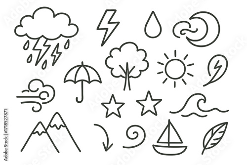 Weather Symbols Doodle. Hand-drawn doodle illustration Stormy sky cloud, lightning bolt, raindrop, thunder symbol, wind swirl, umbrella, tree, star, sun, moon,