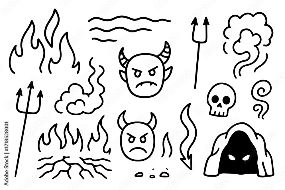 Naklejka premium Infernal Doodle Elements. Hand-drawn doodle illustration Hellfire Scene flames, lava cracks, trident, horned figure, skull, heatwave lines, pitchfork, molten