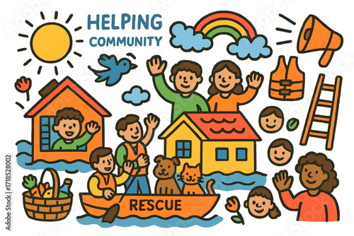 Community Rescue Celebration. Colorful Hand-drawn doodle Children illustration Community Helping rooftops, people waving, rescue boat, life jackets, basket of