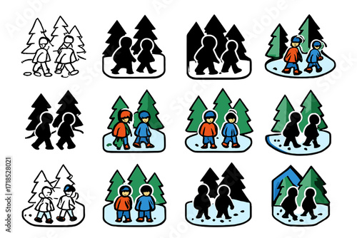 Snowy Forest Footprints. Set Logo of people walking in a snowy forest: kids making footprints in fresh snow. Logo set in vector style, emblematic variations.