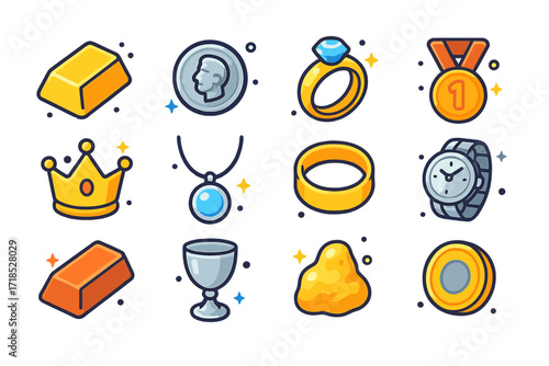 Precious Metals Icons. Precious metals. Colorful isometric vector icons set of precious metals: gold bar, silver coin, platinum ring, bronze medal, golden