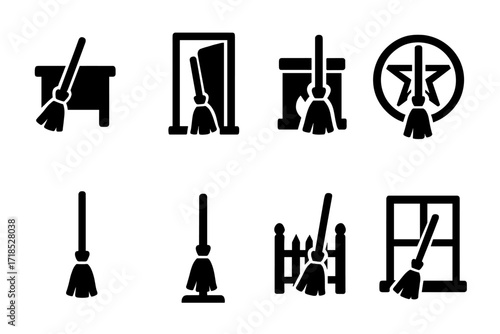 Ritual Broom Icons. Solid, filled icon set of ritual broom placements: altar corner, doorway, hearth, sacred circle, hanging wall, broom stand, garden gate,