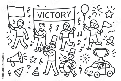 Victory Parade Doodle. Hand-drawn doodle illustration victory parade people with flags, marching band, trumpet, drum, banner, confetti, balloon, trophy, car,