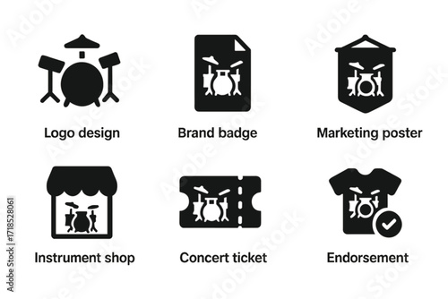 Drum Kit Icons. Solid, filled icon set of drum kit commercial and branding: logo design, promotional flyer, brand badge, marketing poster, instrument shop,