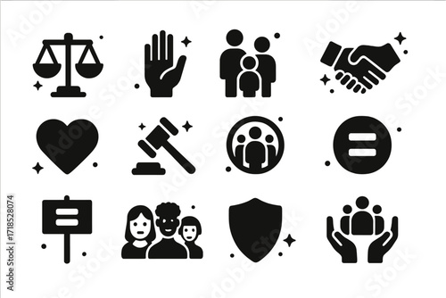 Justice Icon Collection. Fairness. Solid icons set of balanced scale, open hand, group of people, handshake, heart, justice hammer, inclusive circle, equality