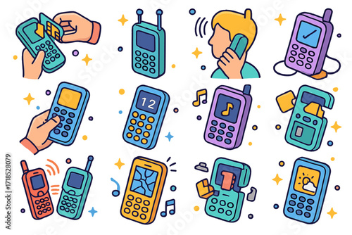 Retro Mobile Habits Icons. Colorful isometric vector icons set of forgotten mobile phone habits: swapping SIM card, extending antenna, charging overnight, text