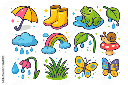Rainy Day Icons. Colorful isometric vector icons set of rainy meadow day: umbrella, rubber boots, puddle, frog, raincloud, rainbow, dripping leaf, snail on