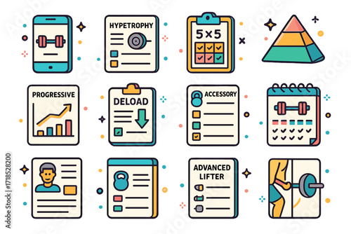 Isometric Fitness Icon Set. Colorful isometric vector icons set of squat training programs: strength training app, hypertrophy plan, 5x5 workout chart, pyramid
