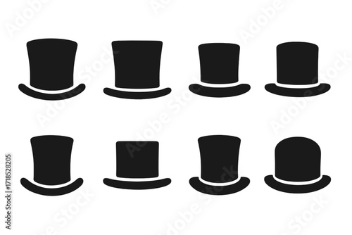 Top Hat Icon Set. Solid, filled icon set of top hat styles: curved brim, flat brim, narrow brim, wide brim, tall crown, short crown, tapered crown, rounded