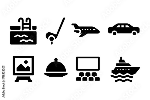 Luxury Lifestyle Icons. Solid, filled icon set of magnate lifestyle amenities: luxury pool, golf club, private jet, limousine, art collection, gourmet dining,
