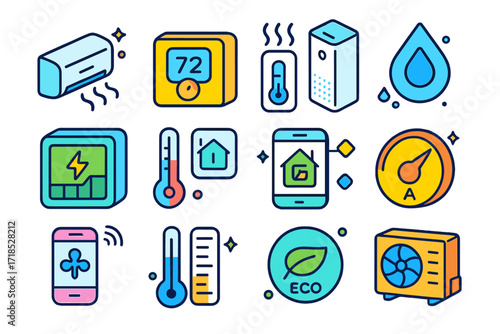 Smart Home Icon Set. Colorful isometric vector icons set of smart home climate control: smart AC unit, wall-mounted thermostat, air purifier, humidity monitor,