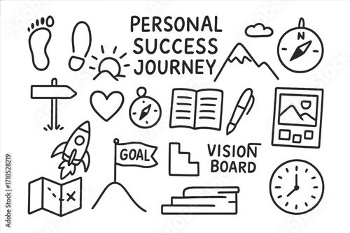 Journey to Success Icons. Hand-drawn doodle illustration [Personal success journey] footprints, mountain, rising sun, road sign, compass, heart, journal,