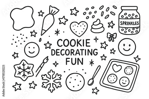 Cookie Decorating Doodles. Hand-drawn doodle illustration Cookie decorating fun [cookie shape, icing bag, sprinkles, stars, heart cookie, snowflake cookie,