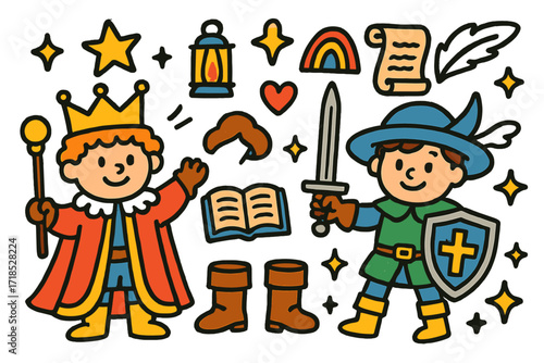 Colorful Cosplay Doodle. Colorful Hand-drawn doodle Children illustration Historical Duo Cosplay crown, robe, sword, shield, boots, gloves, feather hat, star,