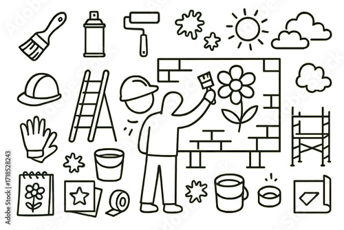 Urban Art Toolkit. Hand-drawn doodle illustration Creating a mural on a city wall paintbrush, spray can, paint roller, wall surface, ladder, bucket, safety