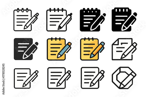 Court Reporter Logo Variations. Set Logo of Court reporters and legal assistants documenting hearings: Legal pad and pen icon. Logo set in vector style,