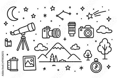 Night Sky Doodle. Hand-drawn doodle illustration night sky panoramic photography moon, stars, telescope, tripod, camera, lens, mountain, clouds, tree, horizon