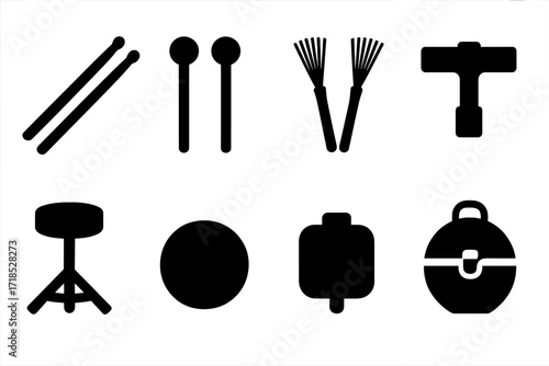 Drum Accessory Icons. Solid, filled icon set of drum accessories: drumsticks, mallets, brushes, drum key, drum throne, practice pad, drum muffler, drum case.