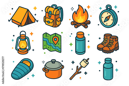 Camping Gear Icons. Camping. Colorful isometric vector icons set of Camping: tent, backpack, campfire, compass, lantern, map, thermos, hiking boots, sleeping
