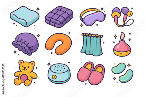 Napping Accessories Icons. Colorful isometric vector icons set of Napping accessories: memory foam pillow, weighted blanket, lavender eye mask, noise-canceling