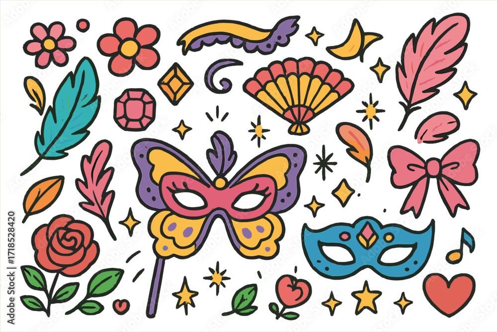 Naklejka premium Enchanted Masquerade Doodles. Colorful Hand-drawn doodle Children illustration Enchanted masquerade butterfly mask, feather, flower, jewel, heart, sparkle,