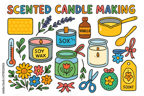 Candle Making Doodles. Colorful Hand-drawn doodle Children illustration Scented Candle Making beeswax, soy wax, tin can, wooden wick, lavender sprig, vanilla