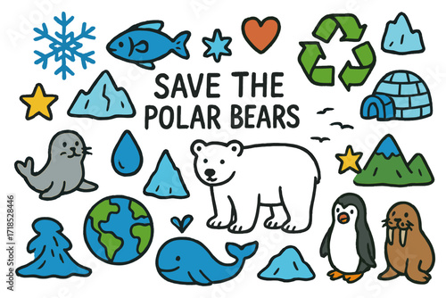 Save the Polar Bears. Colorful Hand-drawn doodle Children illustration Save the polar bears polar bear, fish, seal, snowflake, iceberg, igloo, heart, star,