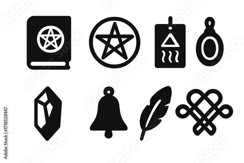 Spirit World Icons. Solid, filled icon set of spirit world objects: ancient book, magic circle, talisman, amulet, crystal, bell, feather, sacred knot. Solid,