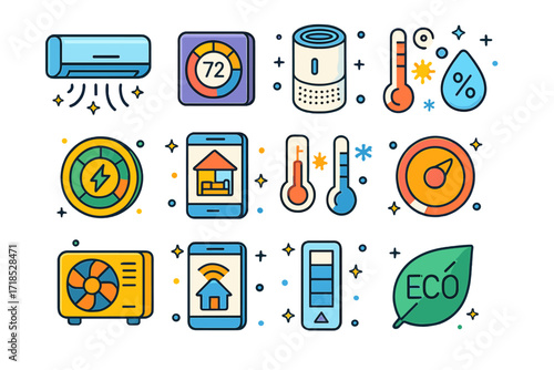 Smart Home Icon Set. Colorful isometric vector icons set of smart home climate control: smart AC unit, wall-mounted thermostat, air purifier, humidity monitor,