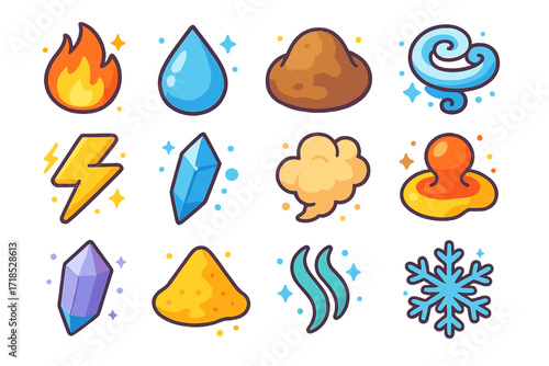 Isometric Element Icons. Colorful isometric vector icons set of classical elements: fire flame, water droplet, earth mound, wind swirl, lightning bolt, ice