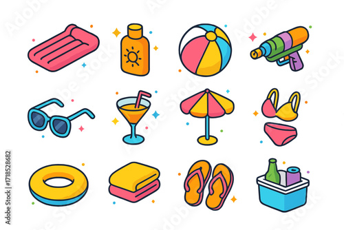 Pool Party Essentials. Colorful isometric vector icons set of Pool Party Accessories: pool float, sunscreen bottle, beach ball, water gun, sunglasses, cocktail