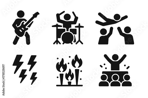 Rock Icon Set. Solid, filled icon set of rock music performance: electric guitar solo, drum fill, crowd surfing, mosh pit, stage diving, lighting effects,