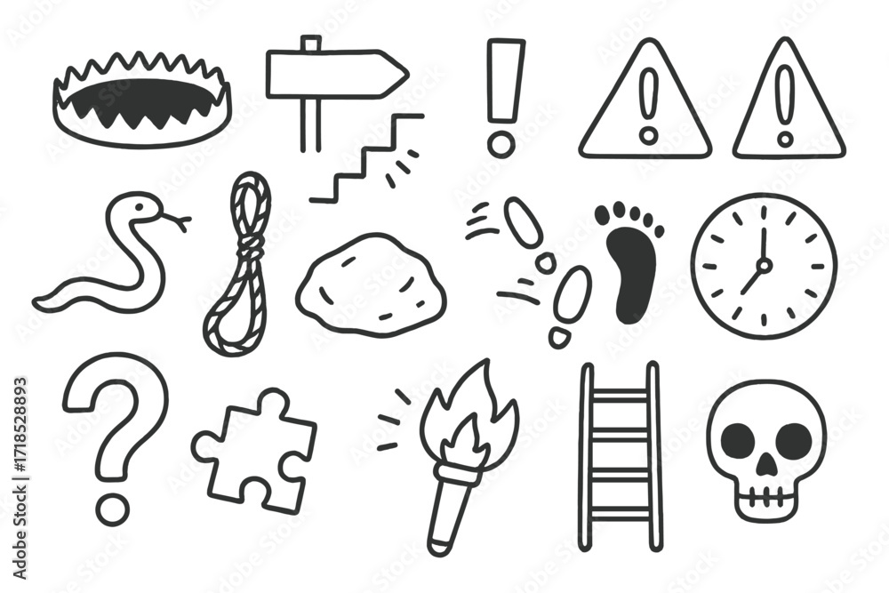 Obraz premium Life's Pitfalls Icons. Hand-drawn doodle illustration everyday life pitfalls trap hole, road sign, broken step, exclamation mark, warning triangle, snake,