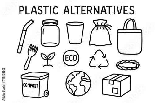 Eco-Friendly Alternatives Illustration. Plastic alternatives. Hand-drawn doodle illustration plastic alternatives bamboo straw, glass jar, paper cup, cloth