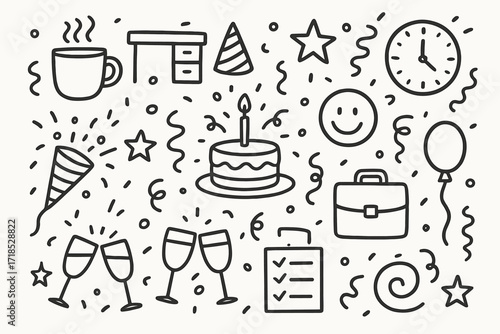 Office Celebration Icons. Hand-drawn doodle illustration [office party poppers fun] [coffee cup, desk, party hat, star, smiley face, streamers, confetti, party