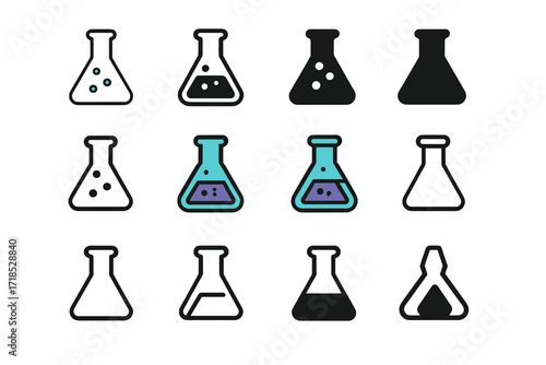 Erlenmeyer Flask Logos. Set Logo of Flasks: Classic laboratory Erlenmeyer flask. Logo set in vector style, emblematic variations. line, bold thick line, solid