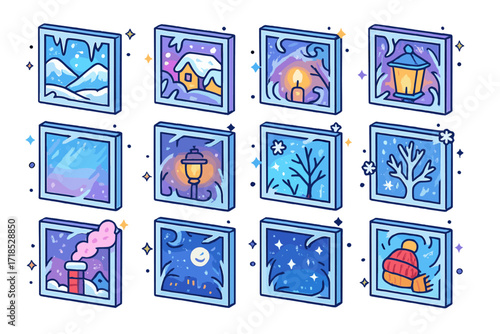 Frosty Window Icons. Colorful isometric vector icons set of frosty window reflections: icy landscape through pane, snowy rooftops behind frost, glowing lantern