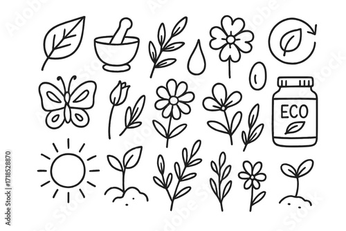 Herbal Medicine Doodles. Hand-drawn doodle illustration Herbal medicine package [leaf, mortar and pestle, sprig, droplet, flower, eco symbol, herbal jar, bud,