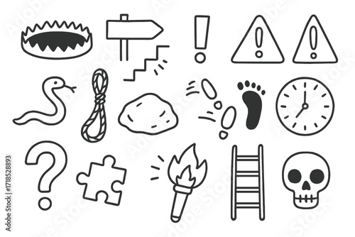 Life's Pitfalls Icons. Hand-drawn doodle illustration everyday life pitfalls trap hole, road sign, broken step, exclamation mark, warning triangle, snake,